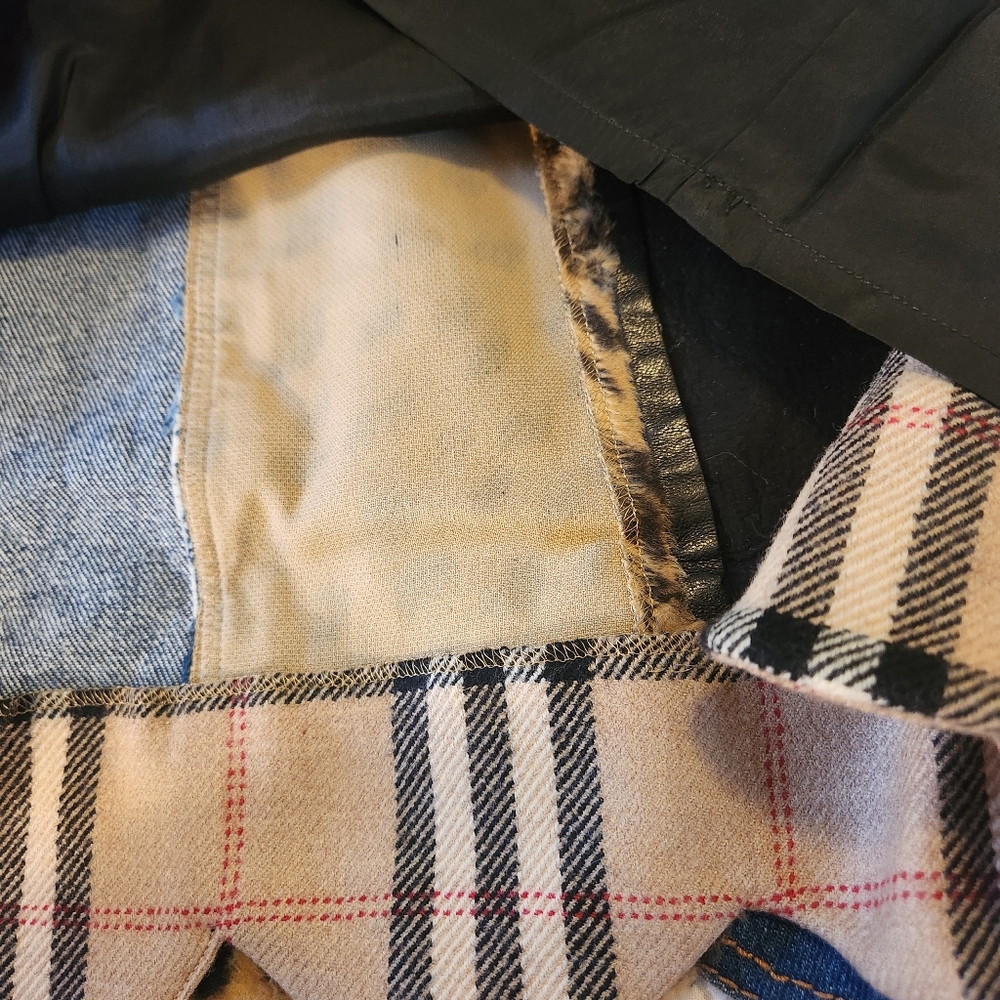 Moschino Couture! 1990s Vintage Patchwork Skirt Wool Faux Leather Denim Faux Fur - Picture 7 of 17